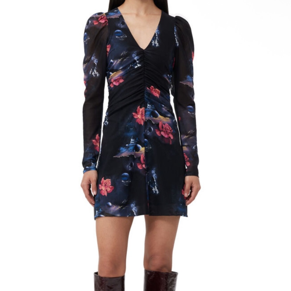 Ganni Printed Mesh Gathered Mini Dress Size 36 - Picture 4 of 4